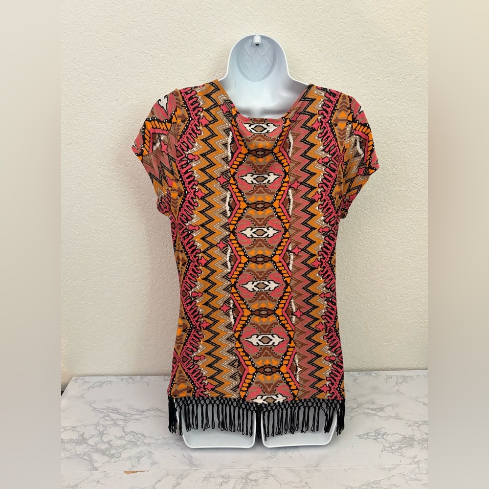 INC International Concepts Short Sleeve Top Women’s M Blouse Black Fringe Aztec - Picture 3 of 4